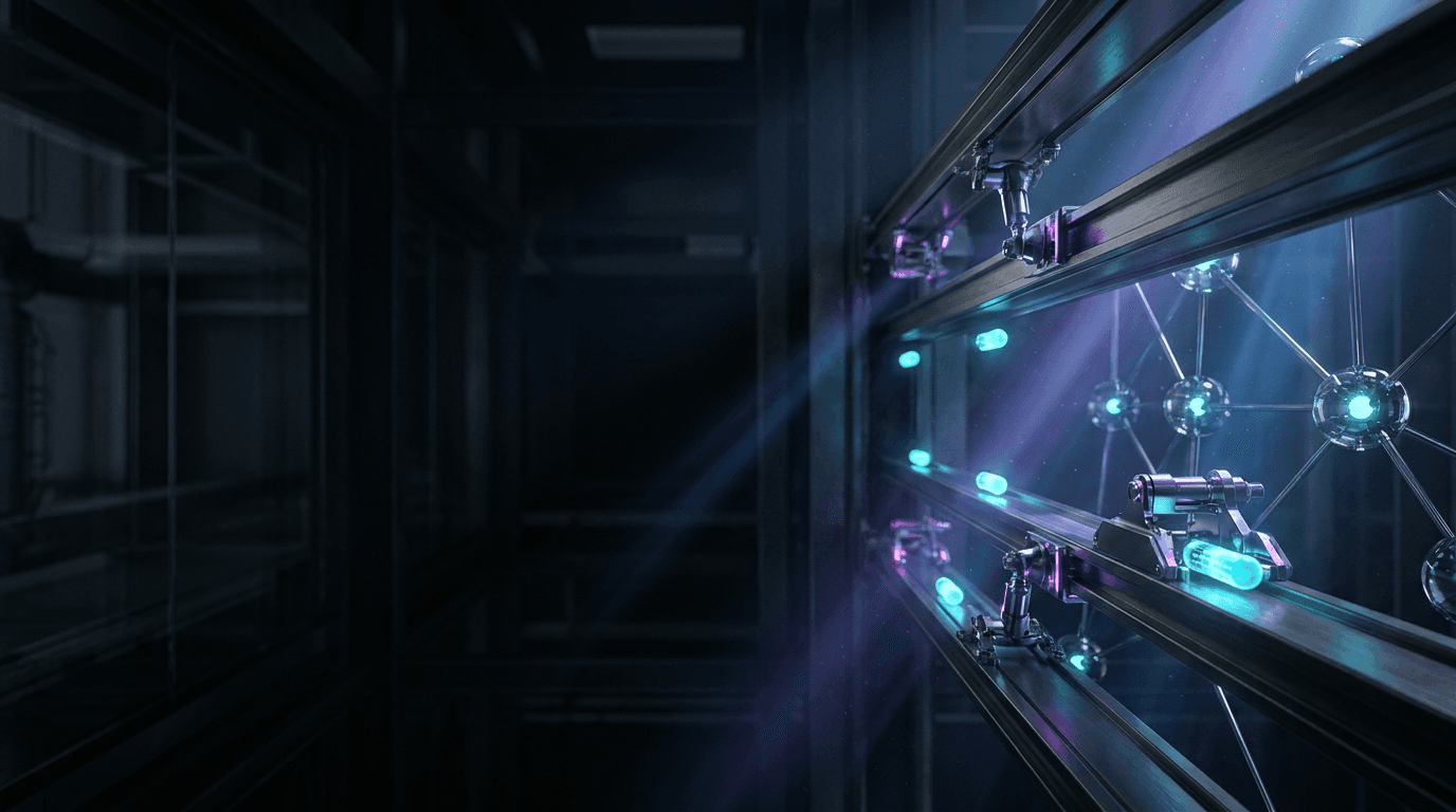 Automated network of mechanical rails moving glowing data capsules between nodes