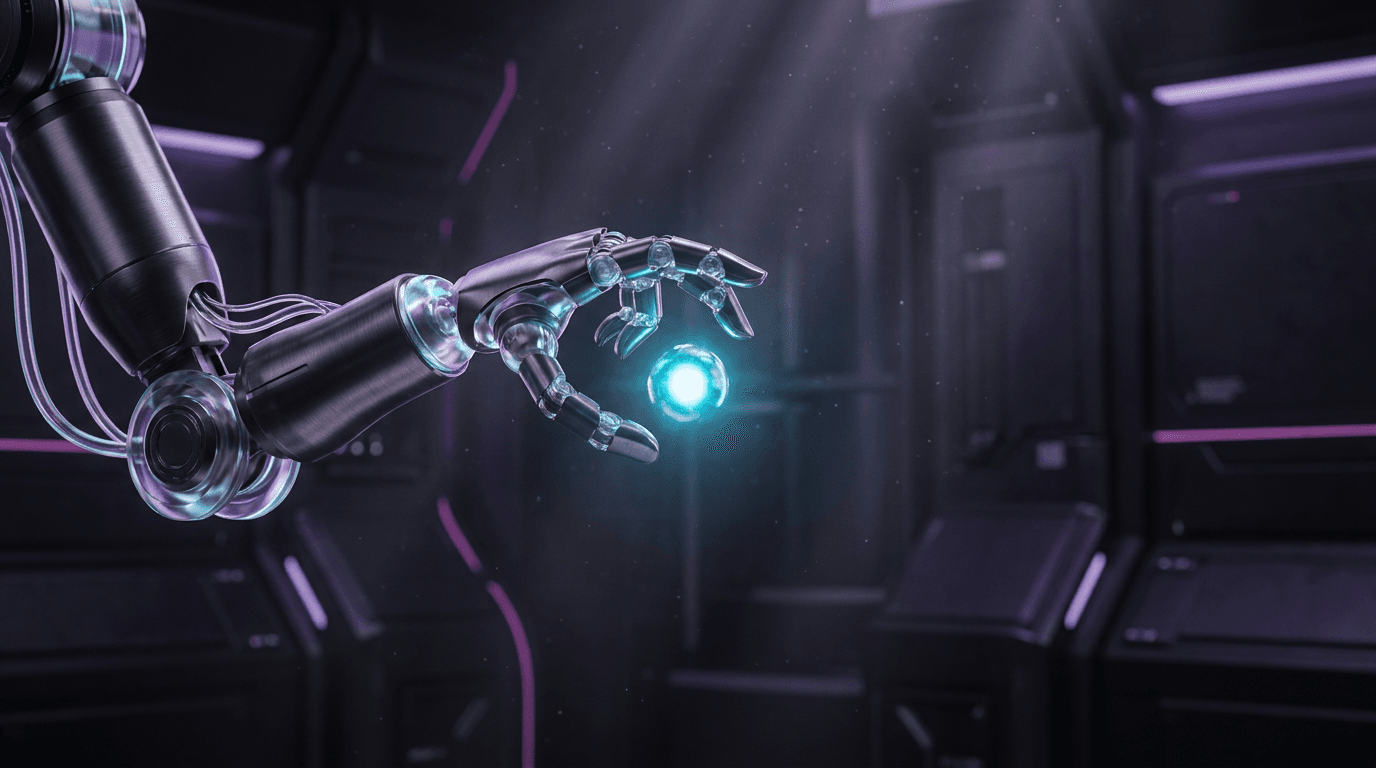 Articulated titanium robotic mechanism reaching toward a suspended energy core