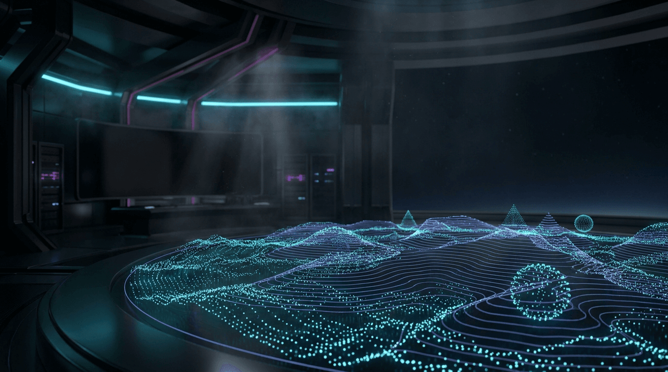 Luminous data terrain of cyan light points forming topographic ridges