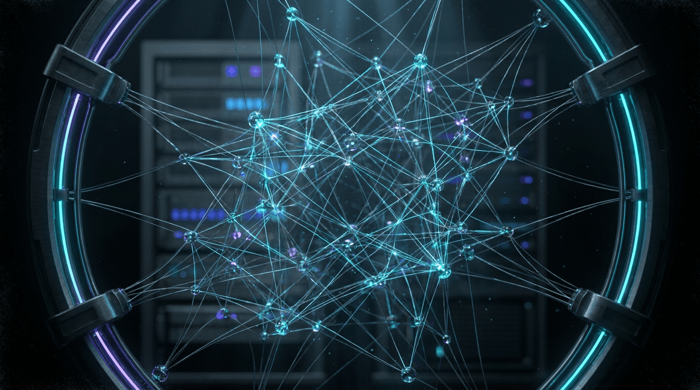 Three-dimensional neural lattice of luminous filaments and glass nodes mid-training