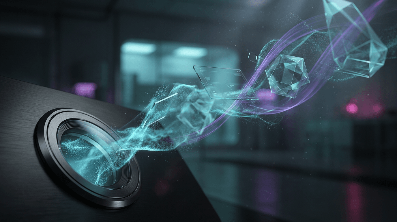Machine aperture emitting a stream of forming translucent geometric shapes